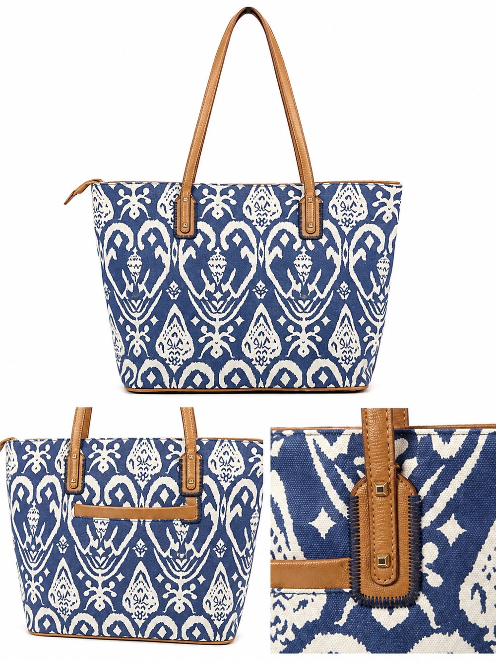 Stella & Dot Navy Cream Ikat Canvas Tote Bag Tan Trim Large Shoulder Bag